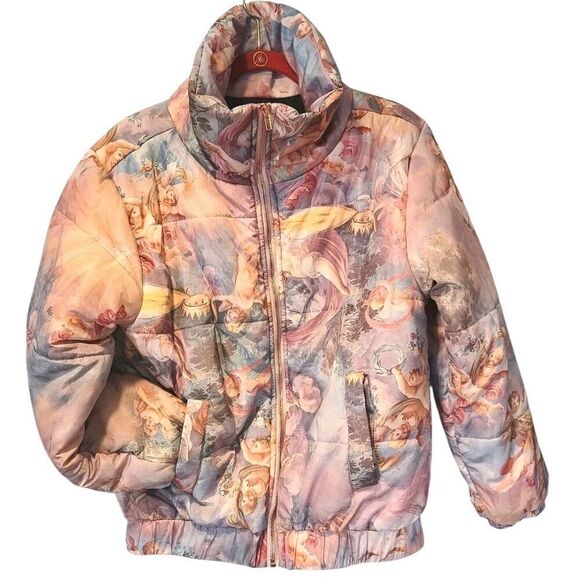 Forever21 Cherub Angel Puffer Jacket All Over Print Renaissance Fantasy | S EUC - Picture 3 of 11